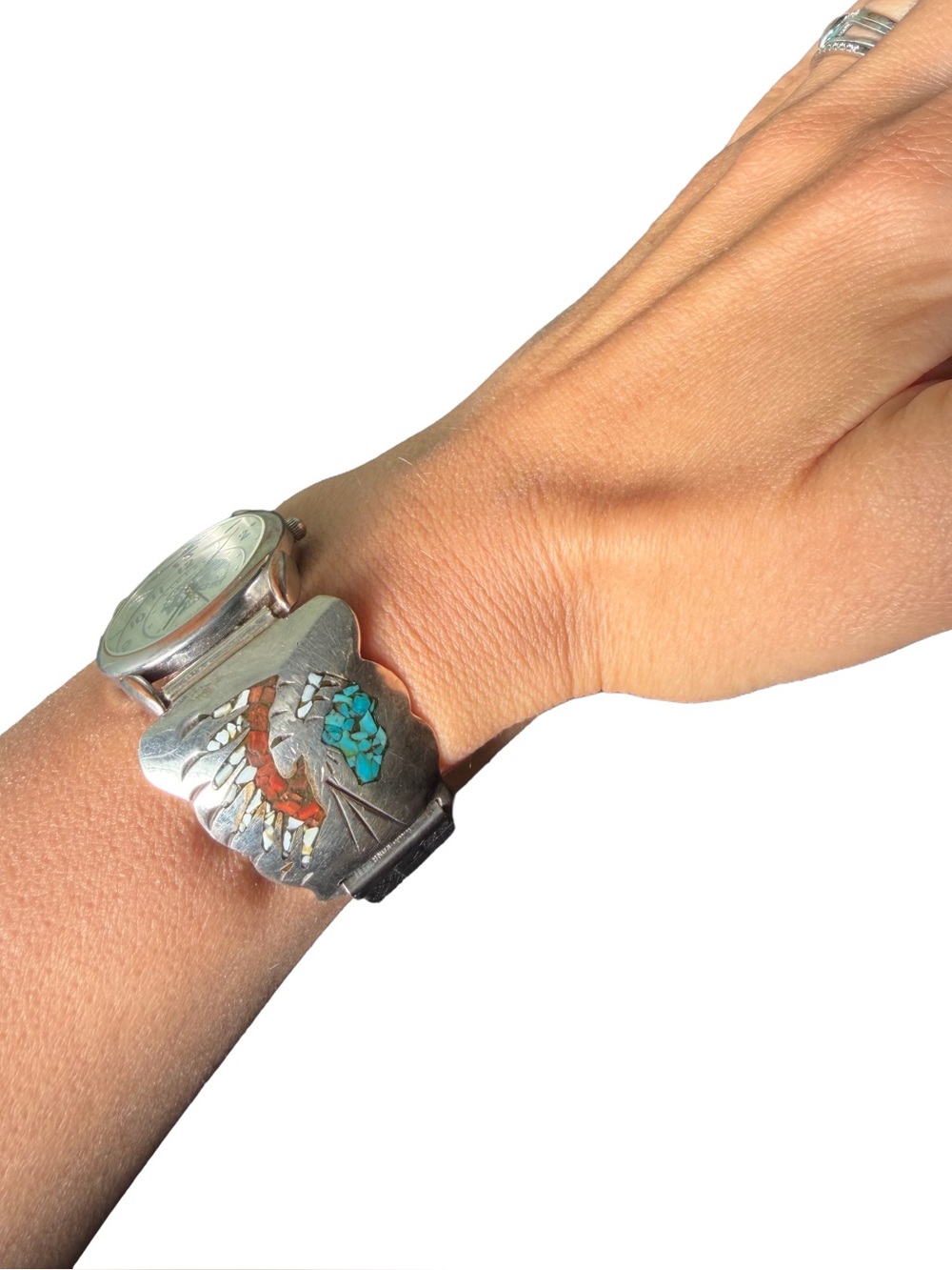 VTG RARE Native American Signed TIC Watch Band Cuff Chief Thunderbird Turquoise